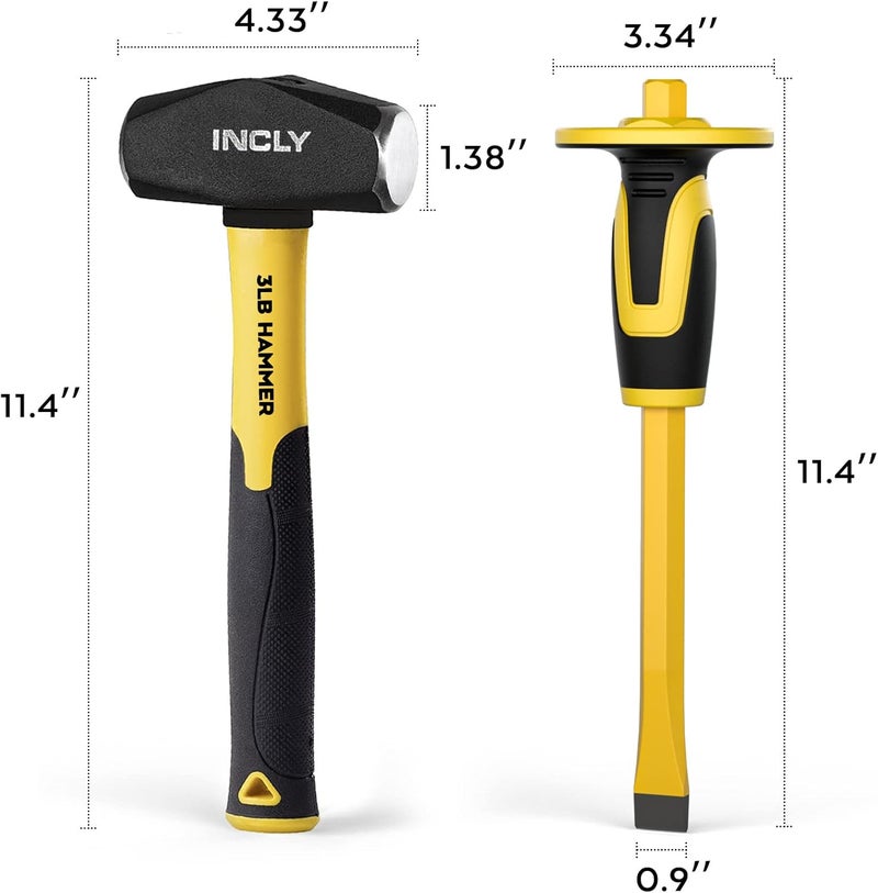 INCLY 4 PCS Geology Rock Pick Equipment Kit, 3 Pound Sledge Rock Hammer with 12" Mason Concrete Chisel, Safety Glasses, Gloves, Tool Set for Hounding, Gold Mining & Prospecting, Brick Stone Breaking - Image 2